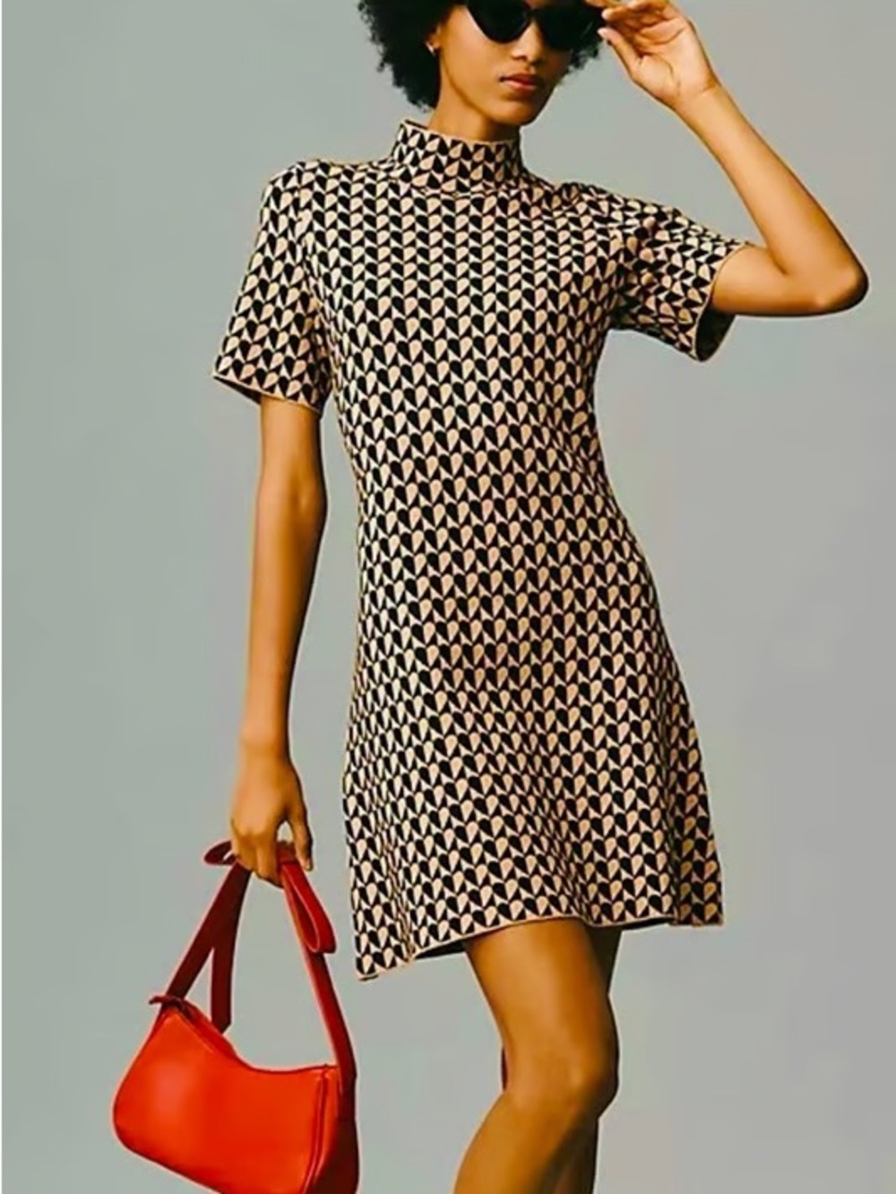 Anthropologie Heart Mock-Neck Short Sleeve Dress in Black and Cream
